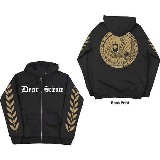 Black zipped hoodie with "Dear Science" text and gold leaf designs.