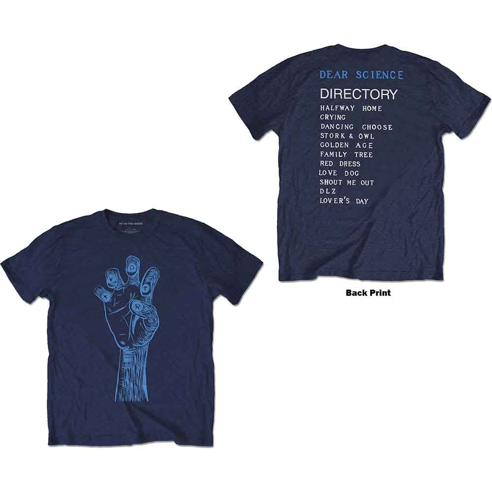 Blue TV on the Radio t-shirt with hand and text back print.
