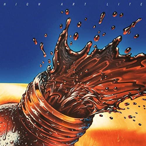 Brown liquid splashing out of a bottle against a blue and orange background.