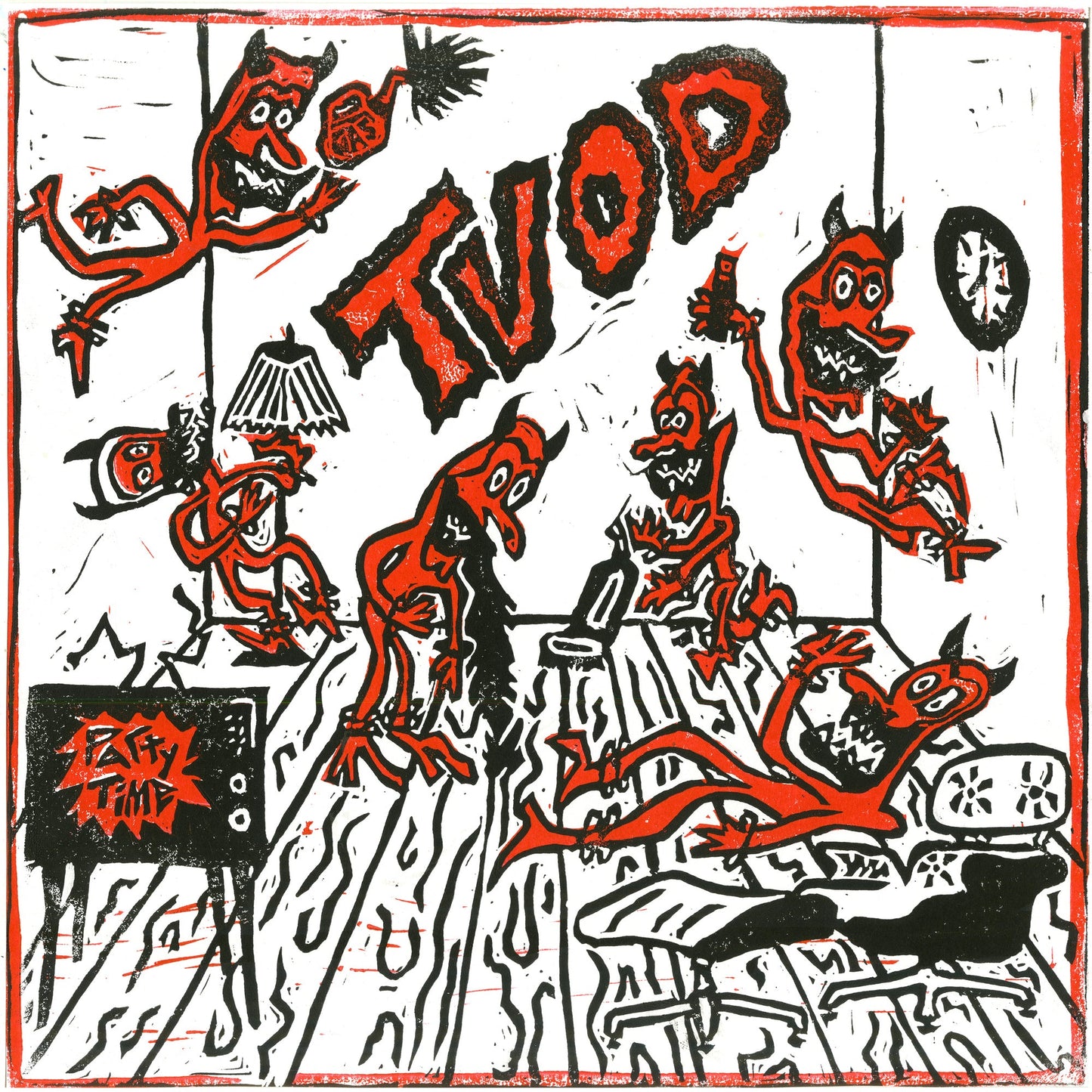 Red demons partying in a chaotic, hand-drawn style illustration.