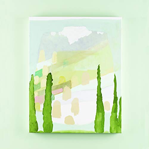 Abstract painting of tall green cypress trees against a pale, light-colored landscape.