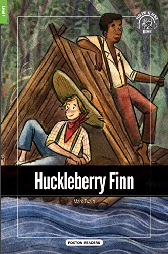 Book cover depicting two boys on a raft, “Huckleberry Finn” title.