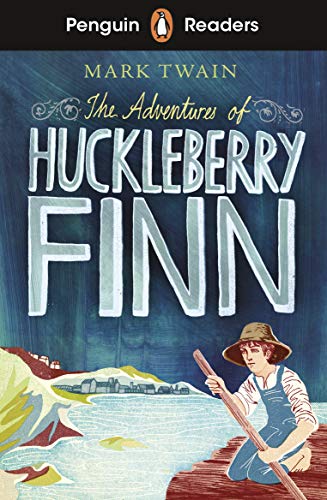 Book cover of "The Adventures of Huckleberry Finn" with a boy and river.
