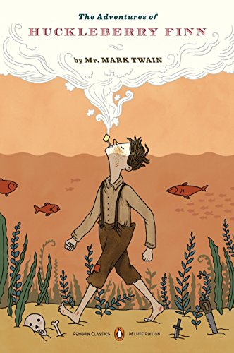Huckleberry Finn book cover with illustrated boy and fish in orange hues.