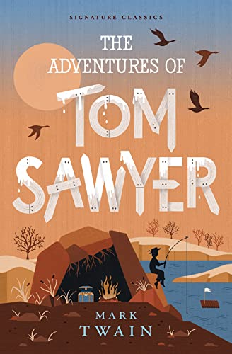 Book cover for "The Adventures of Tom Sawyer" with a boy fishing.