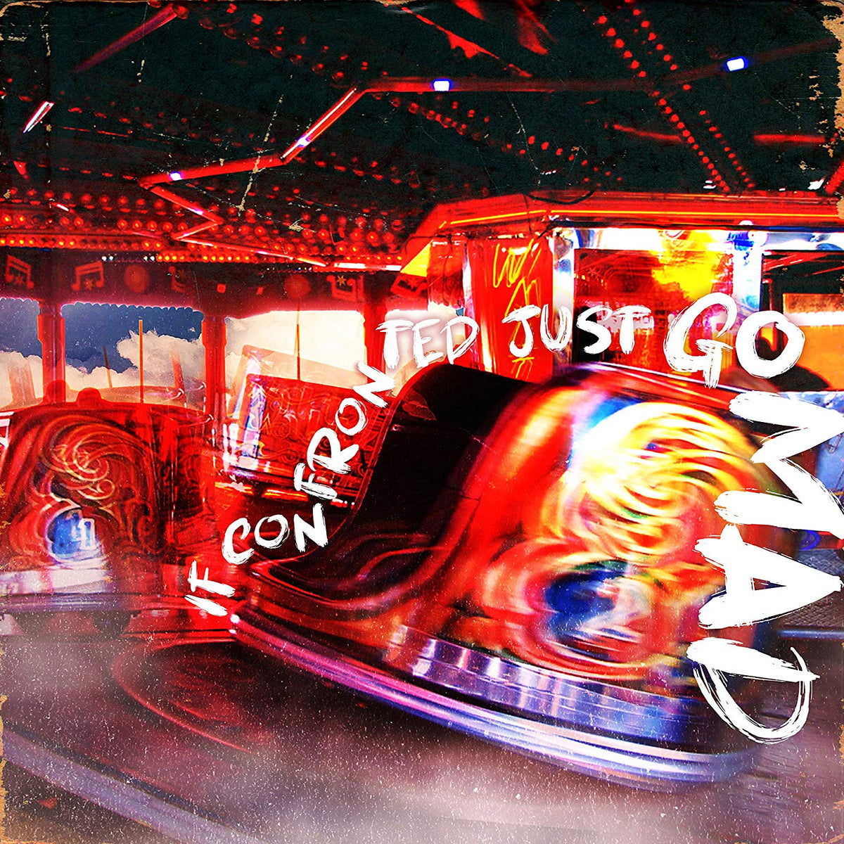 A spinning carnival ride with red lights and the text "If confronted just go mad".