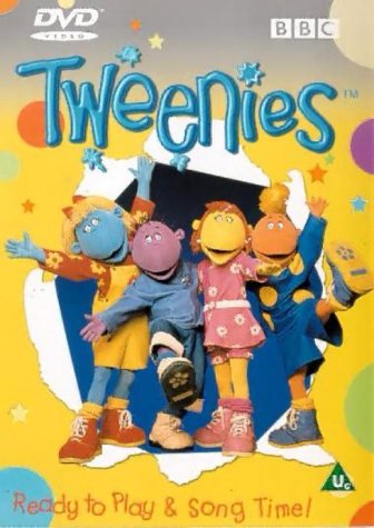 The image shows a DVD cover featuring four cartoon characters. Alt text: "DVD cover with four colorful cartoon characters and 'Tweenies' title."
