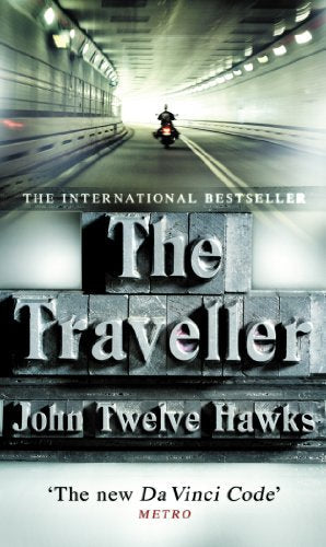 Book cover: dark tunnel, motorcycle, large textured title “The Traveller”.