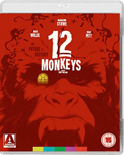 Twelve Monkeys" Blu-ray cover featuring a gorilla’s face and scattered monkey silhouettes.