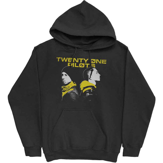 Black hoodie with yellow graphic of two figures and band name.