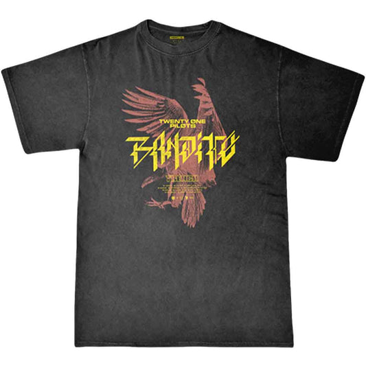 A man wearing a black Twenty One Pilots t-shirt with a Bandito bird graphic.