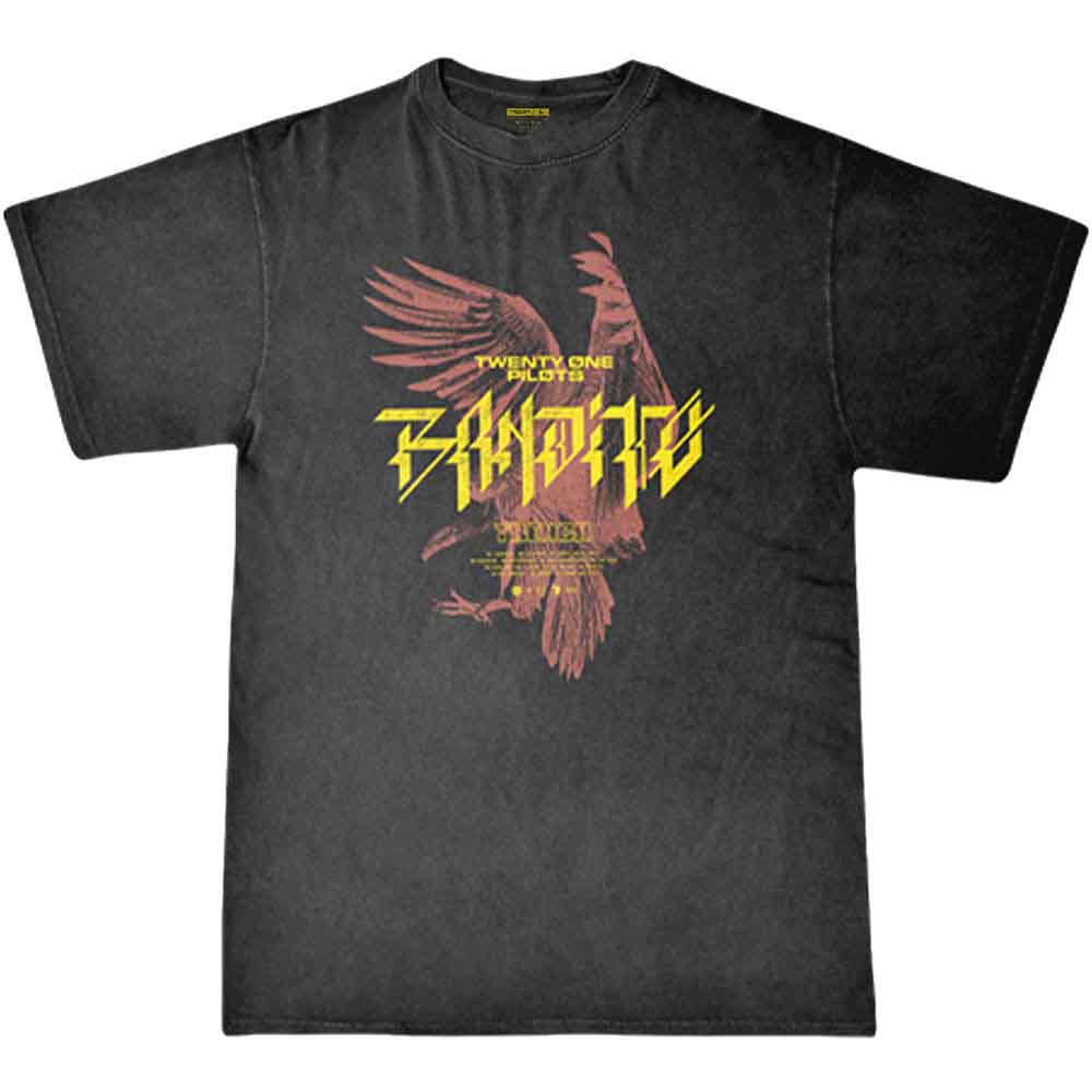 A man wearing a black Twenty One Pilots t-shirt with a Bandito bird graphic.