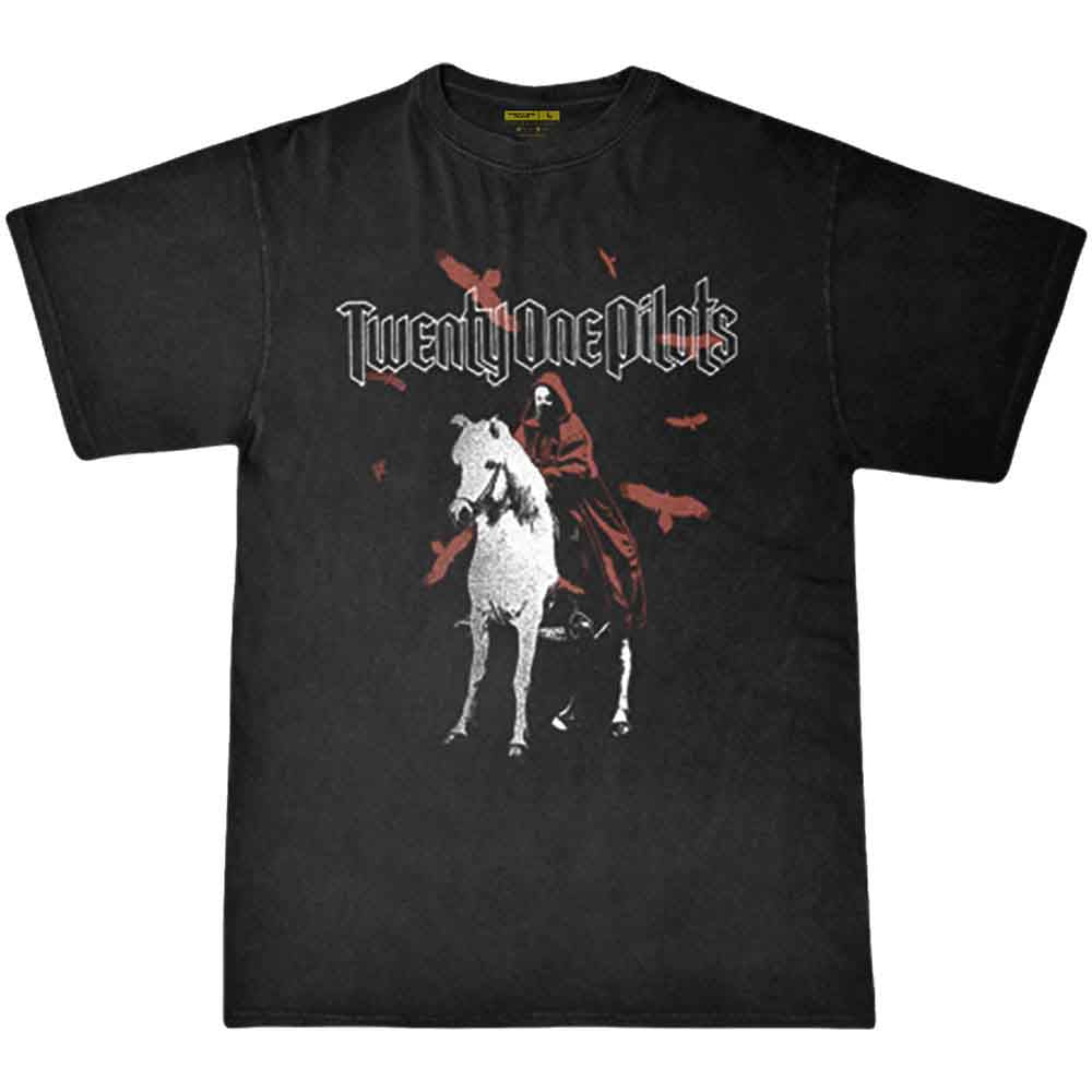 Black Twenty One Pilots t-shirt with band logo and figure illustration.