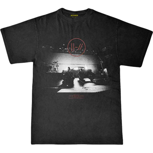Black t-shirt with Twenty One Pilots stage graphic, worn by a man.