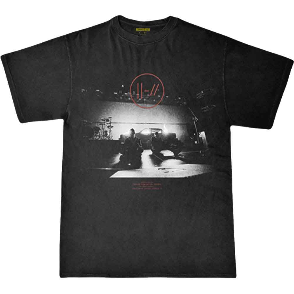 Black t-shirt with Twenty One Pilots stage graphic, worn by a man.