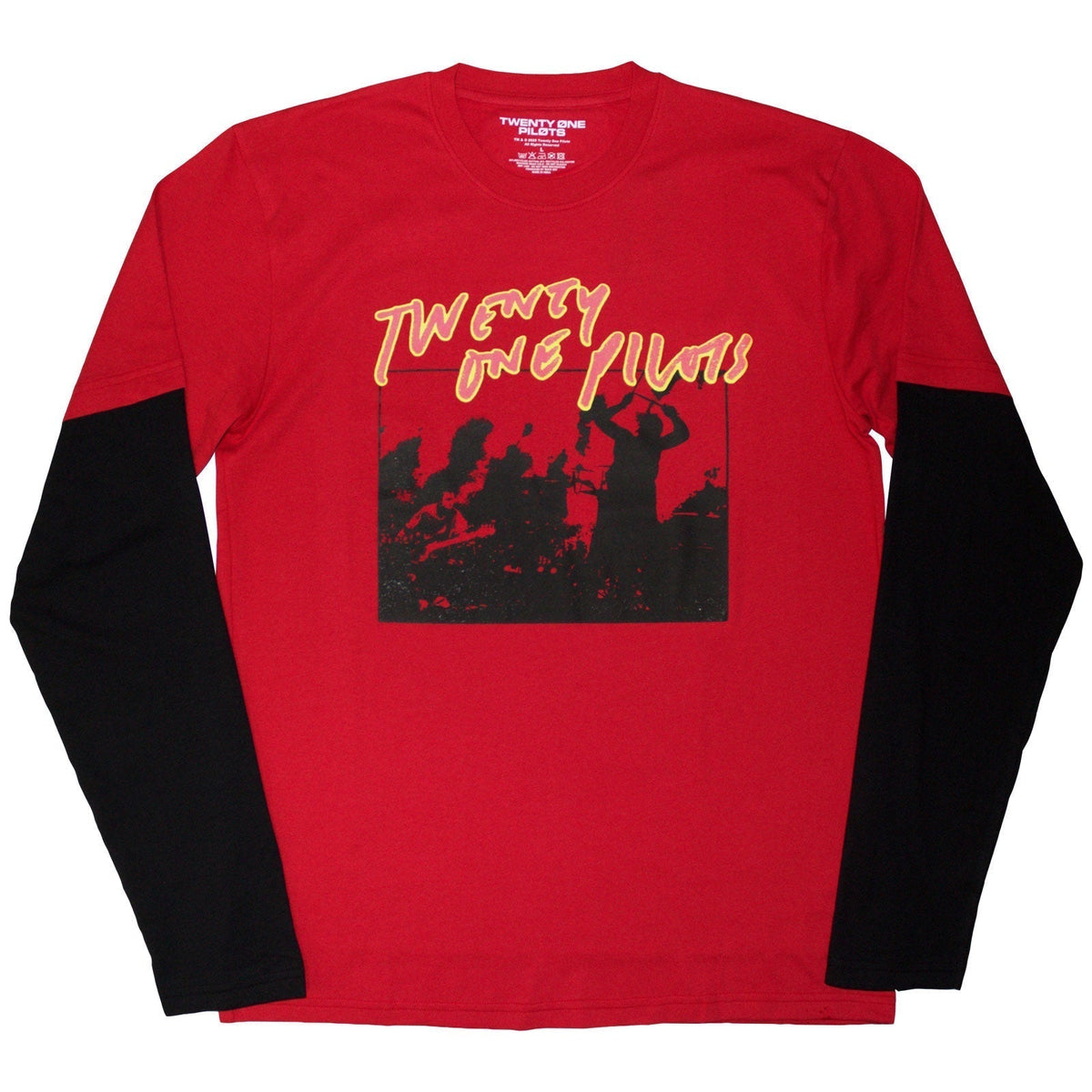 Red and black long sleeve t-shirt with Twenty One Pilots design.