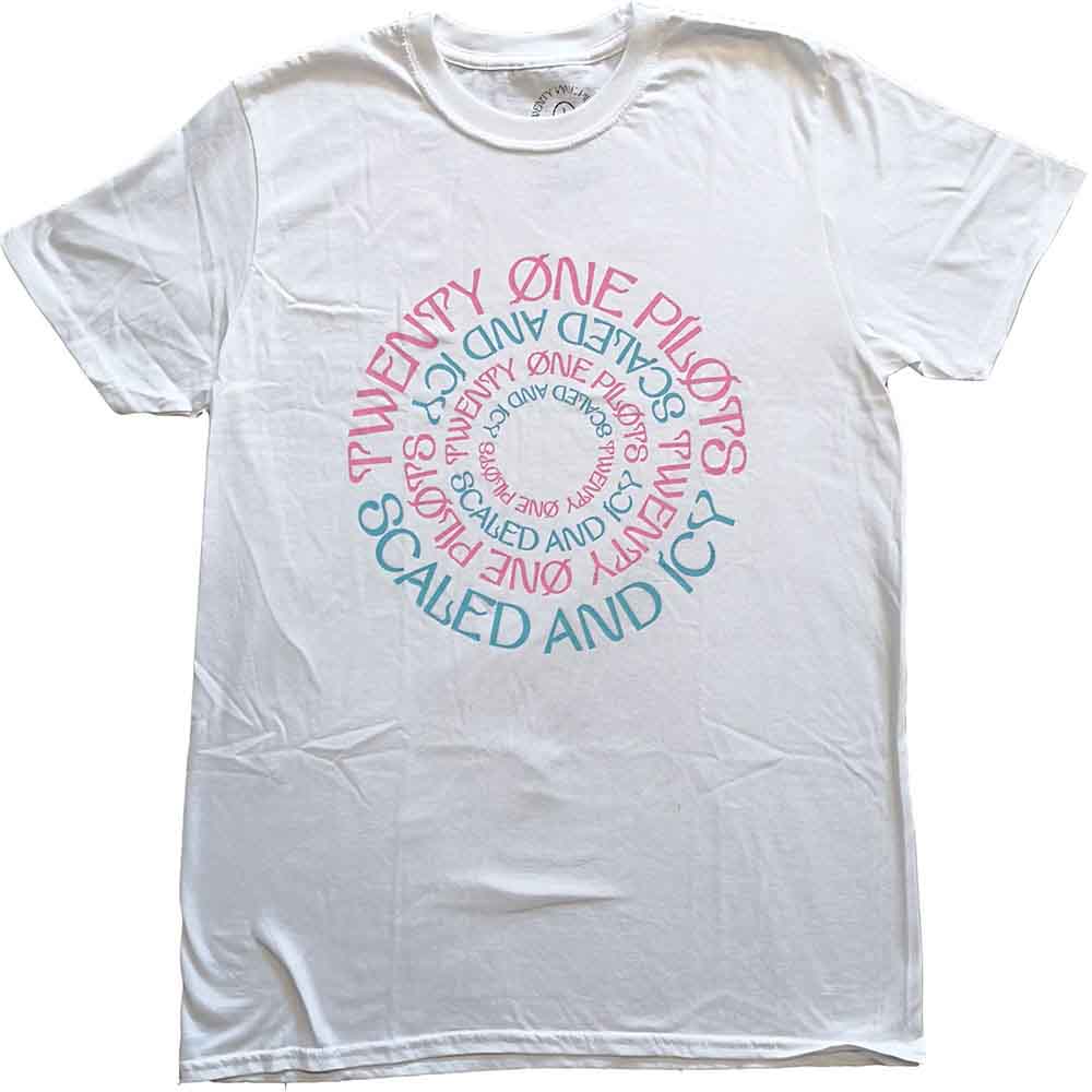 White t-shirt with circular Twenty One Pilots “Scaled and Icy” logo.