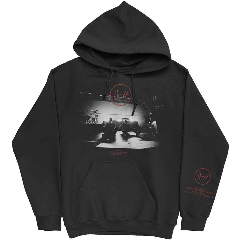 Black Twenty One Pilots hoodie with band logo and stage print.