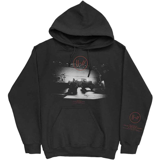 Black Twenty One Pilots hoodie with band logo and stage print.