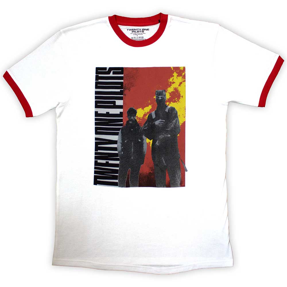 Black ringer t-shirt with Twenty One Pilots logo, size large.