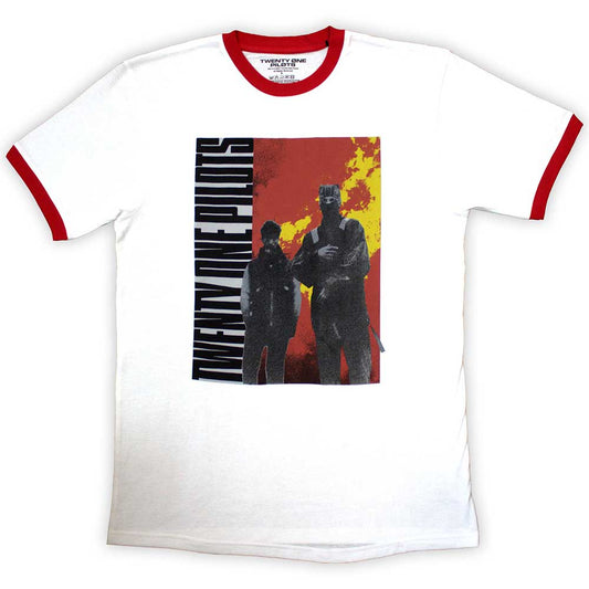 Black ringer t-shirt with Twenty One Pilots logo, size large.