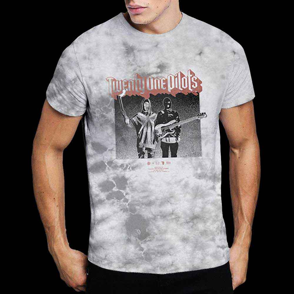 Dip-dye t-shirt featuring Twenty One Pilots’ “Torch Bearers” design, size X-Large.