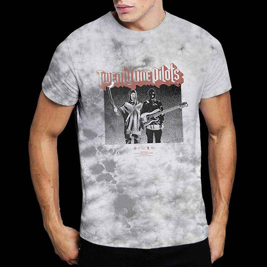 Dip-dye t-shirt featuring Twenty One Pilots’ “Torch Bearers” design, size X-Large.