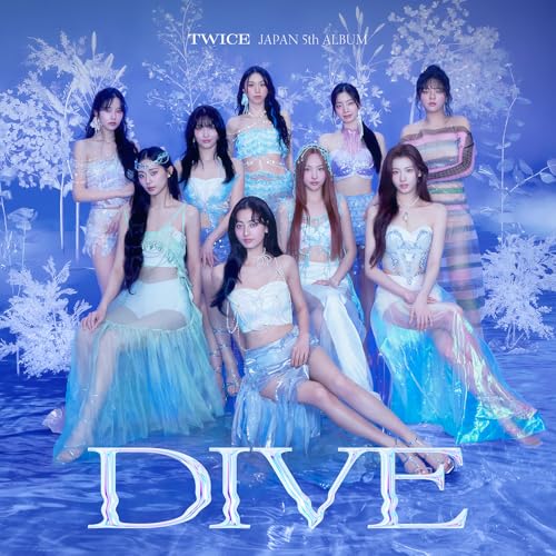TWICE's "Dive" album cover: nine women in blue, ethereal dresses.