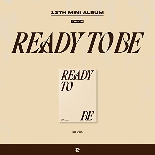 TWICE "READY TO BE" album cover with beige background and text.