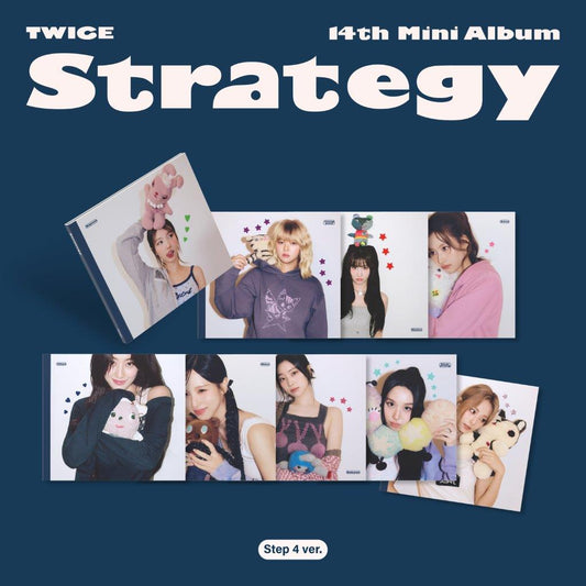 TWICE Strategy 14th mini album Step 4 version showing members with plush toys.