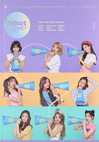 Nine members of the K-pop group Twice posing with blue megaphones on a colorful background.
