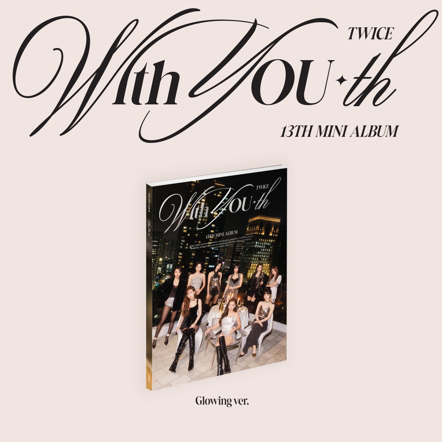 TWICE “With YOU-th” album cover, black background with elegant gold script.