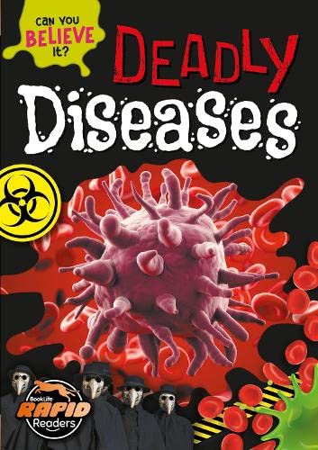 Book cover: "Deadly Diseases" with virus illustration and plague doctor imagery.