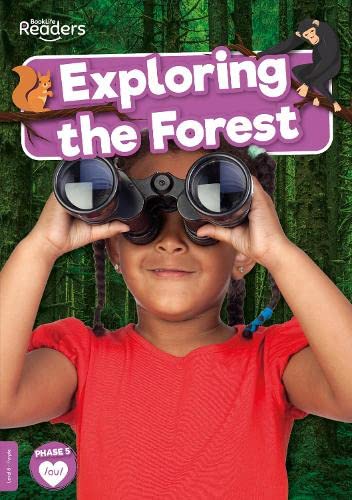 Book cover: child with binoculars, forest animals, and title "Exploring the Forest".
