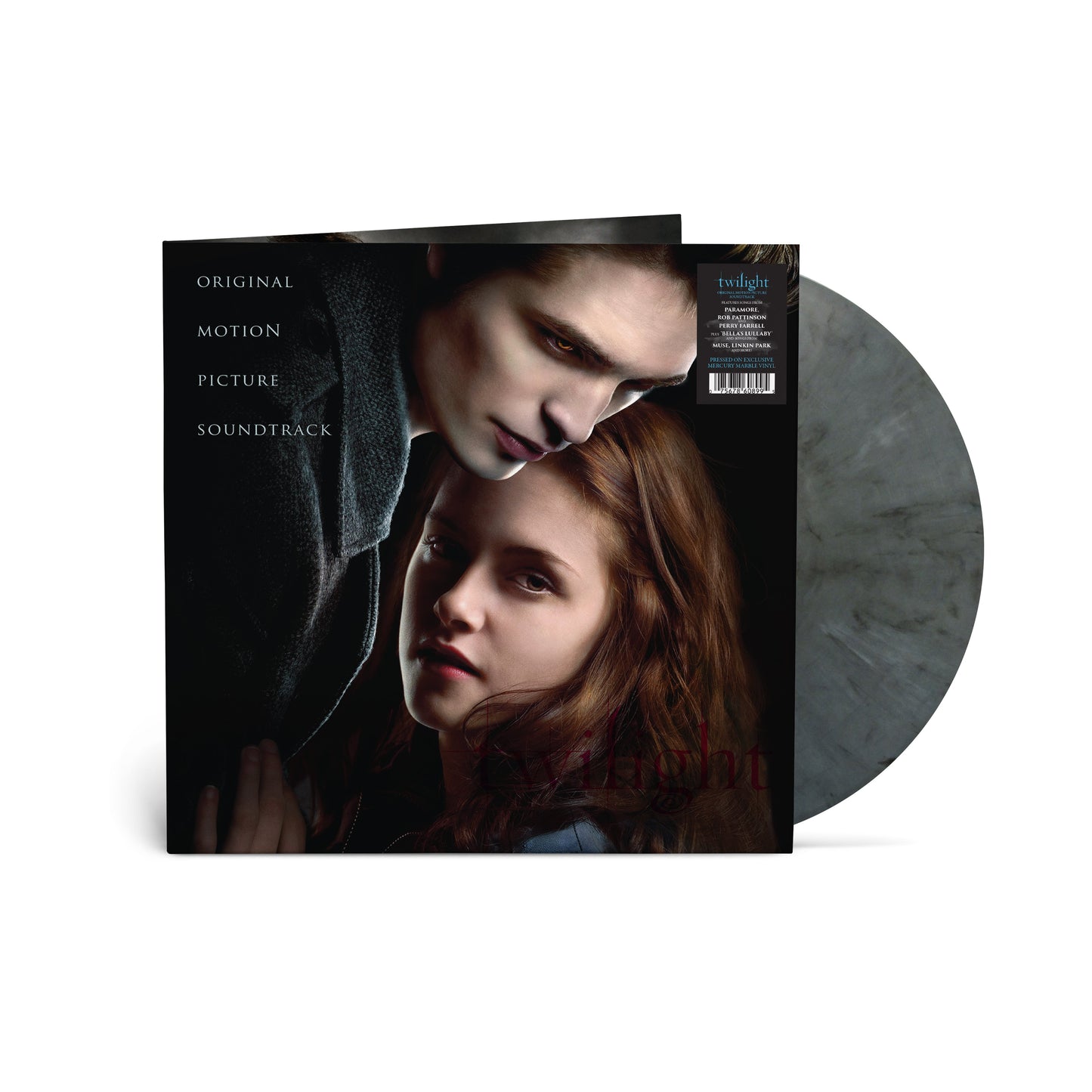 Twilight vinyl soundtrack album cover featuring Edward and Bella with a grey marble disc.