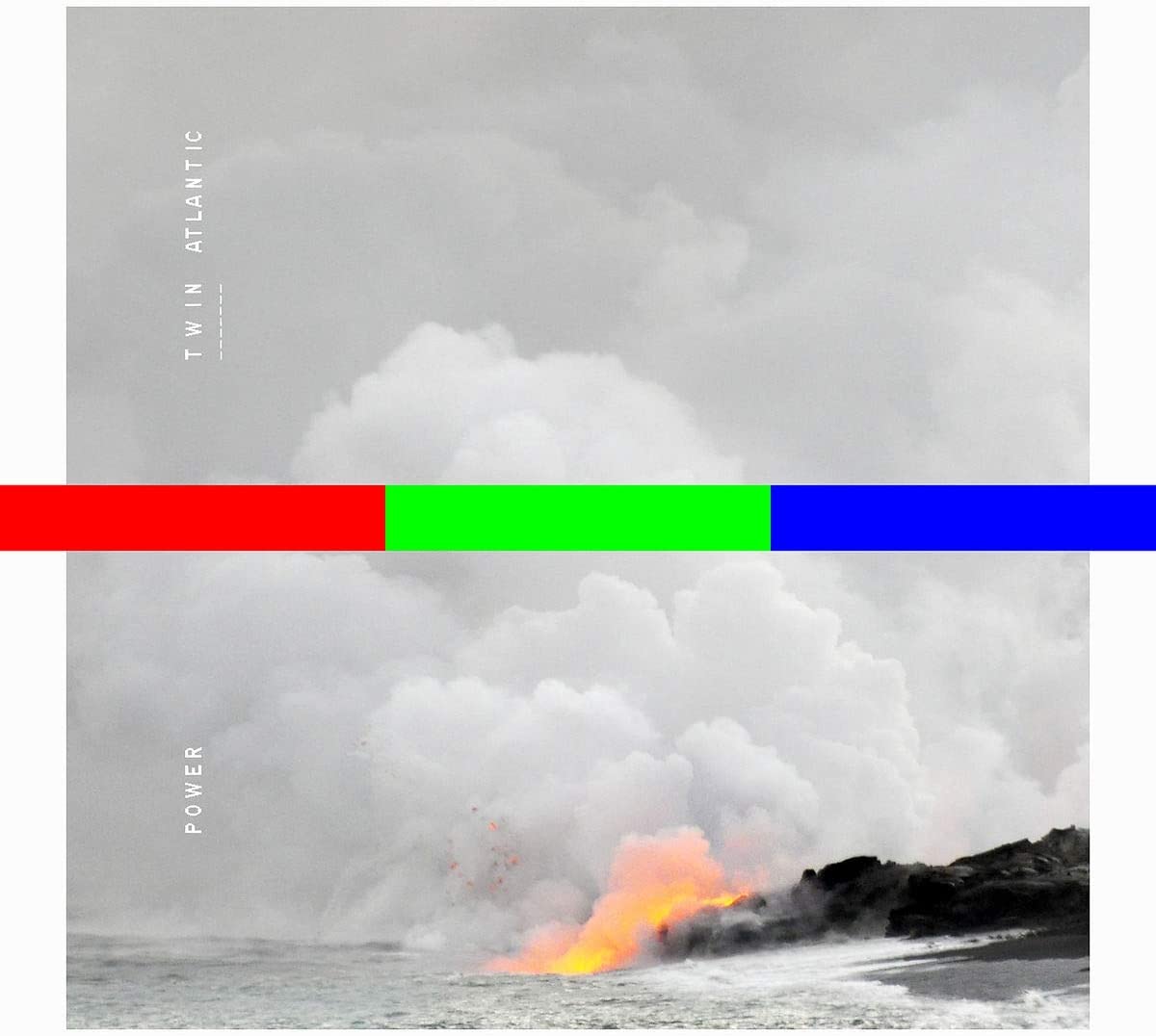 "Album cover with a black and white ocean scene and red, green, and blue stripe."