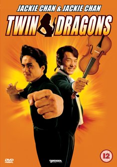 DVD cover for "Twin Dragons" featuring Jackie Chan twice with a violin.