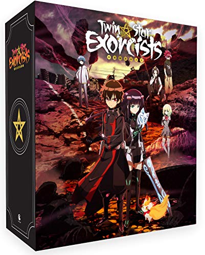 "Twin Star Exorcists Blu-ray box featuring anime characters on a rocky, fiery landscape."