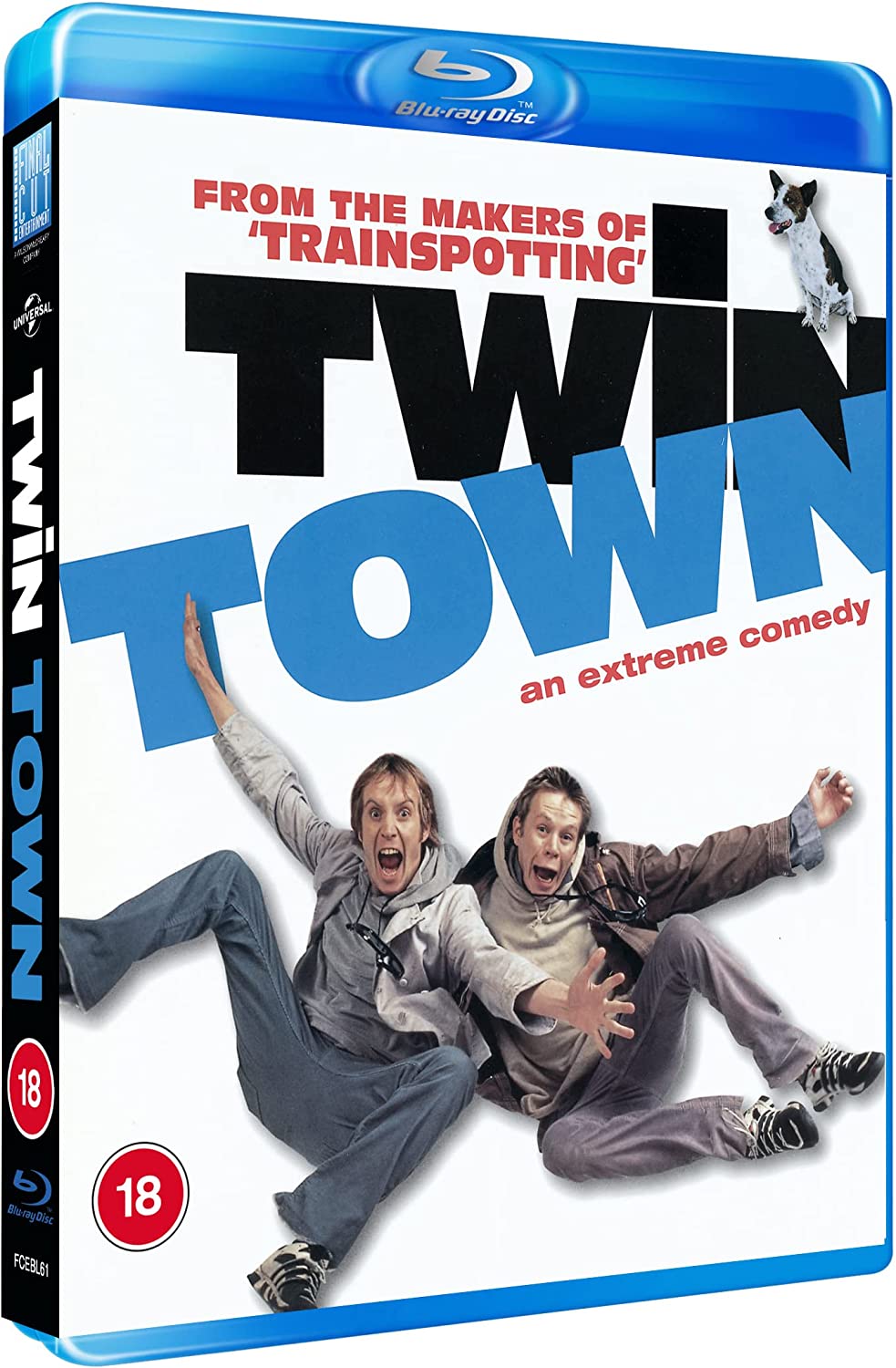 "Blue Blu-ray case with 'Twin Town' cover art featuring two men and a dog."