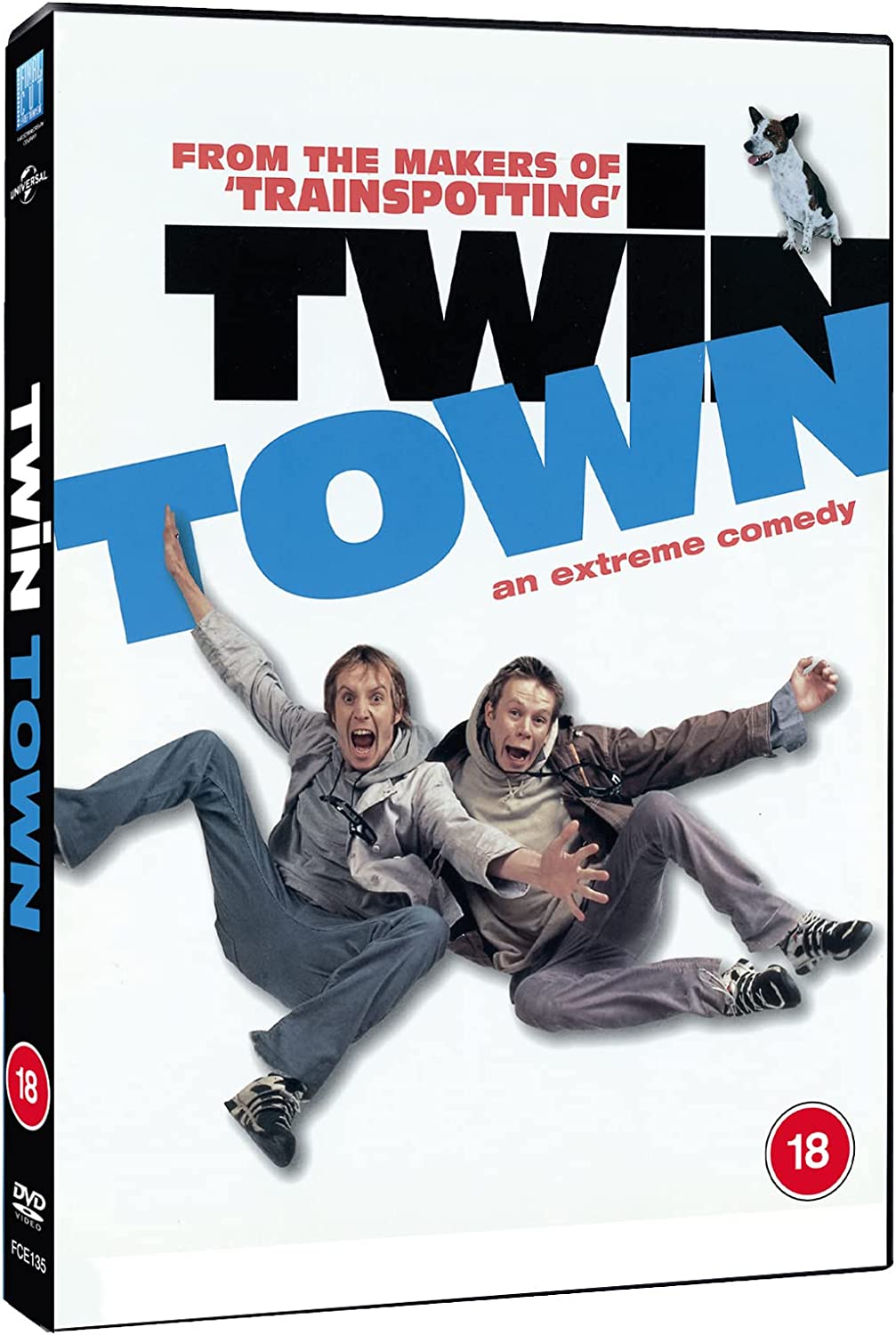 "Twin Town" DVD case with two men falling and a dog on the cover.
