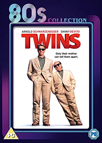 DVD cover for the film Twins featuring Arnold Schwarzenegger and Danny DeVito in suits.