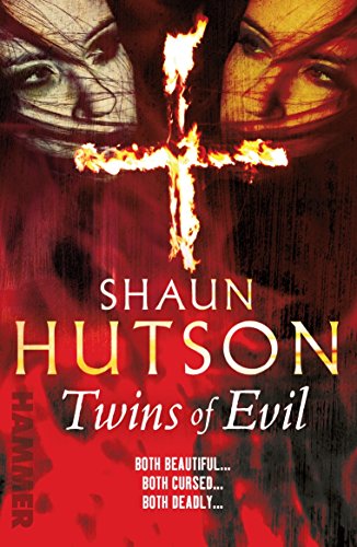 Book cover: "Twins of Evil" with a fiery cross and two shadowed faces.