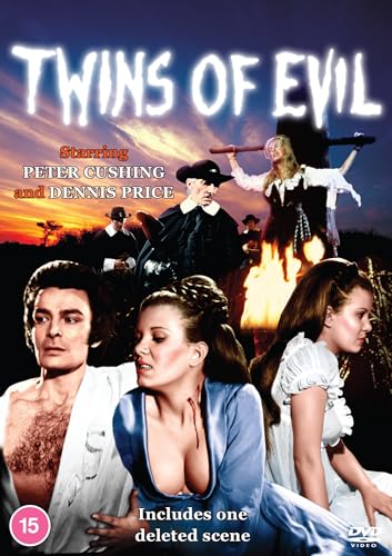 Twins of Evil" DVD cover featuring actors and a gothic, fiery landscape.