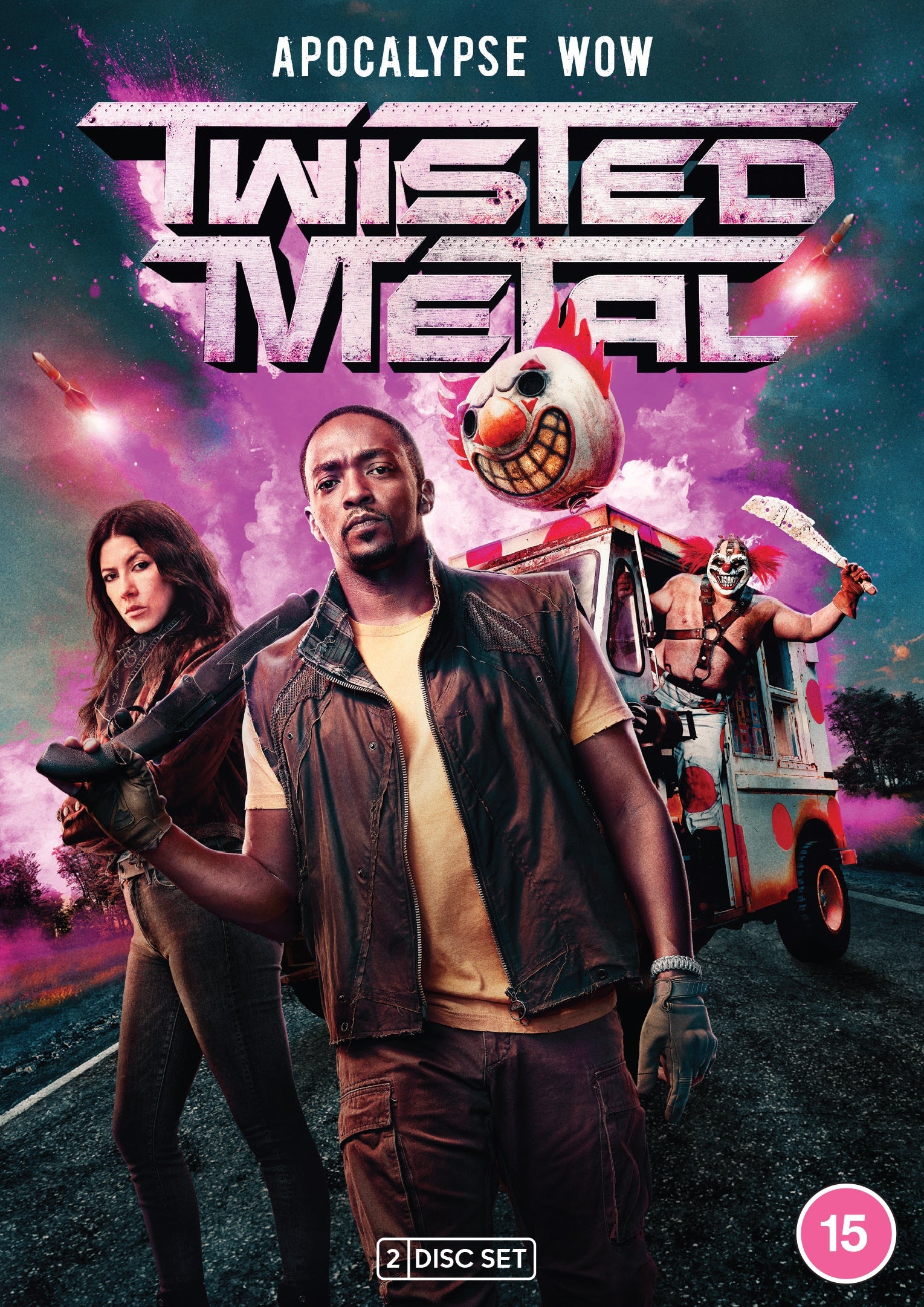 “Twisted Metal” DVD cover featuring characters with vehicles in a post-apocalyptic scene.