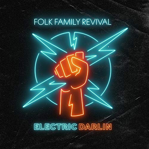 Neon graphic of fist with lightning bolts on black background with text.
