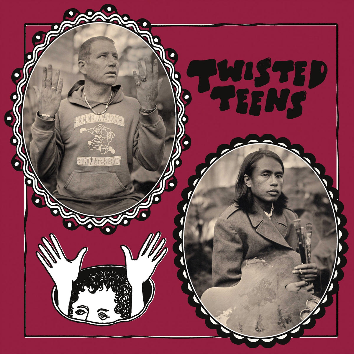 CD cover: black and white portraits with red background and text.