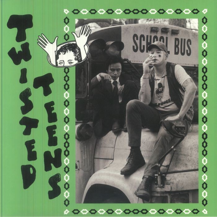 Black and white album cover featuring teens near a school bus.