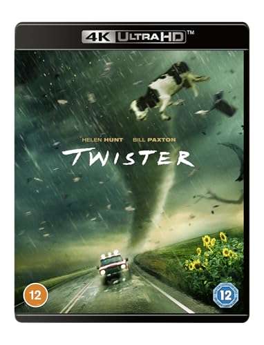 “Twister” Blu-ray cover: tornado, car, flying dog, stormy sky, and sunflowers.