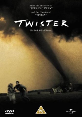 "Twister DVD cover featuring a large tornado with people running in the foreground."