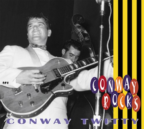 Conway Twitty playing guitar, album cover with yellow and black stripes.